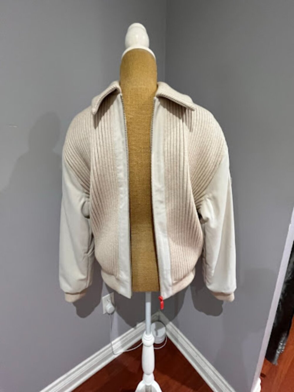 Hunter Mixed Media Ribbed Knit Bomber Jacket Cream Off White Small NWOT